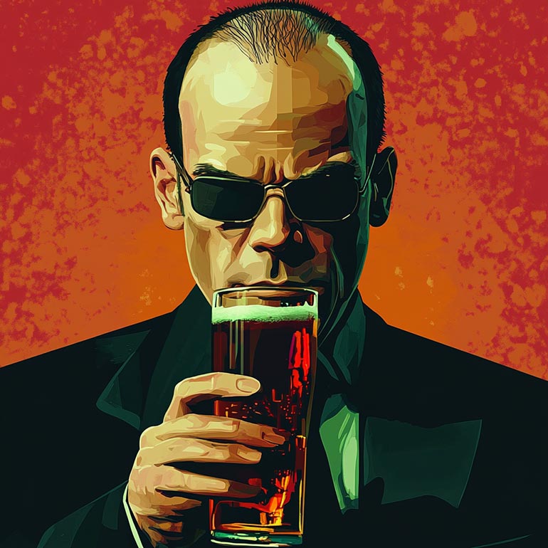 agent smith with a beer in hand