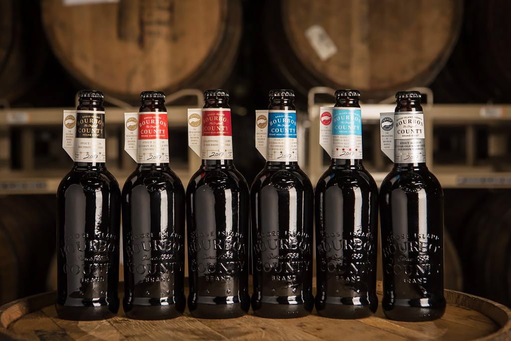 goose island bourbon county stout variants atop barrels