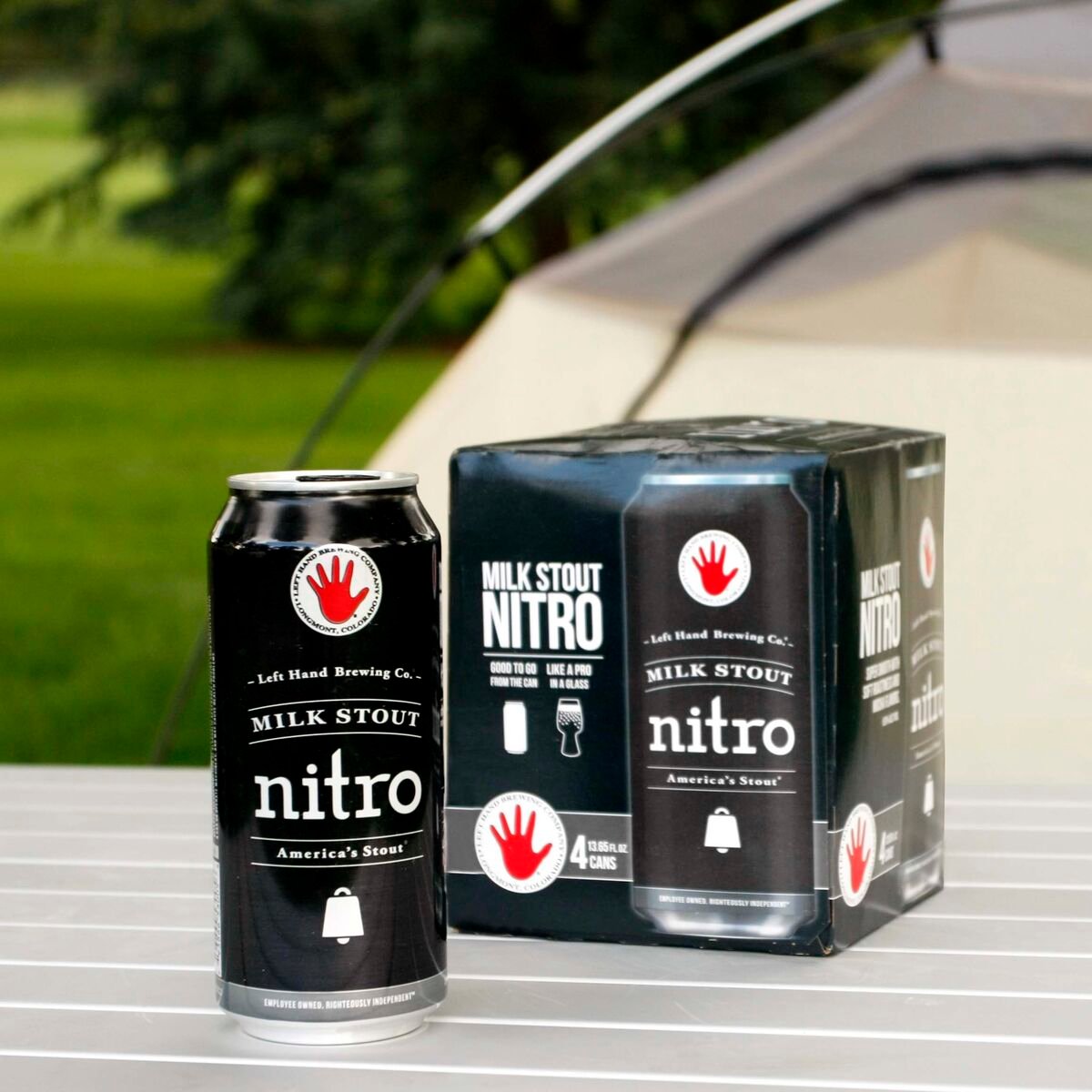 left hand milk stout nitro cans outdoors